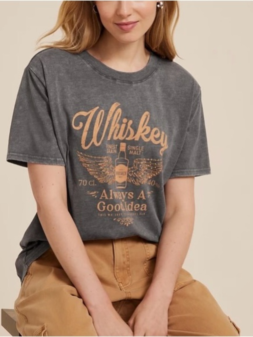 Maurices Whiskey Always A Good Idea Oversized Graphic Tee Gray Rhinestone Medium